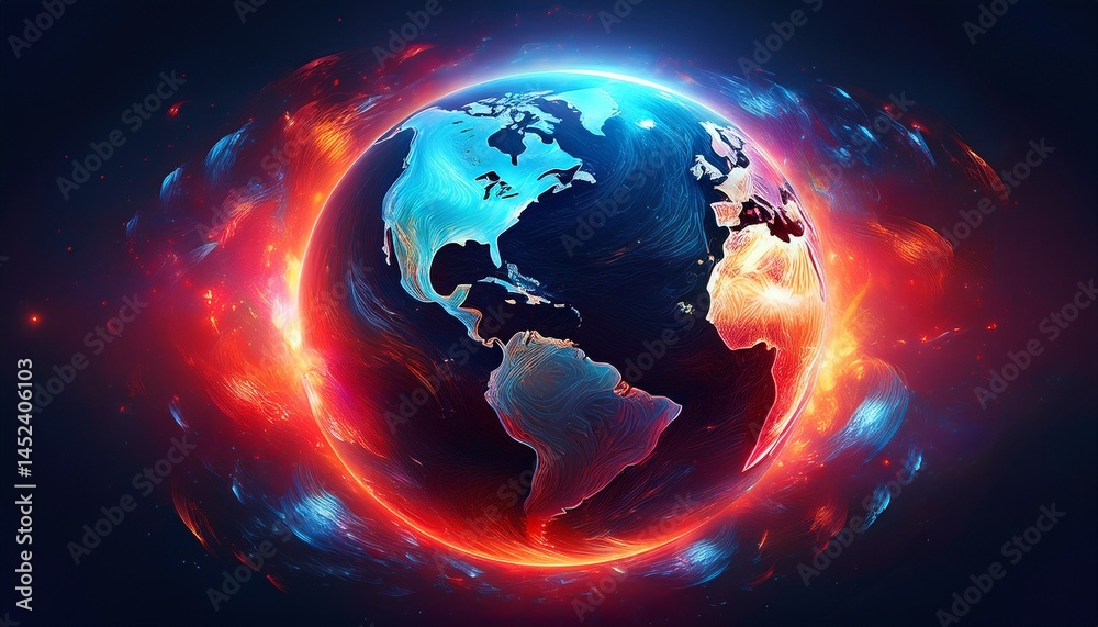 Wall mural a glowing globe centered on a dark backdrop emits vibrant red and blue light bursts energy swirls ar