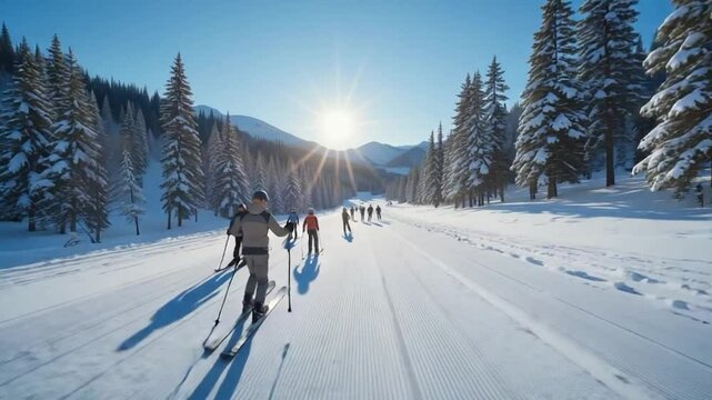 Group of people cross country skiing in snowy forest on sunny day