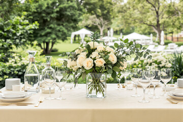 bouquet of roses in a glass vase adorns an elegant outdoor table setting