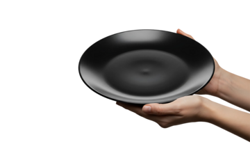 Woman's Hands holding on black empty plate Isolated transparent background