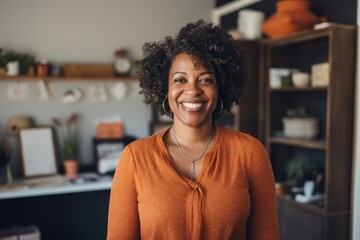 smiling middle aged female african american body positive business owner in a small office
