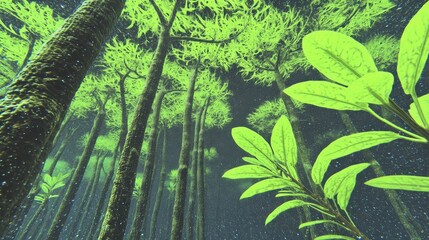 Low angle view of a glowing green forest with tall trees and vibrant foliage.