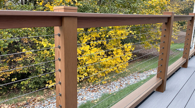 modern deck railing with stainless steel cables and brown wooden posts