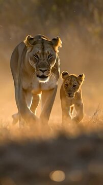 An intimate scene featuring a lioness and her cub walking through soft golden grass. Backlit by warm sunset rays, casting dramatic shadows. Capture a sense of motion and connection, with a shallow dep
