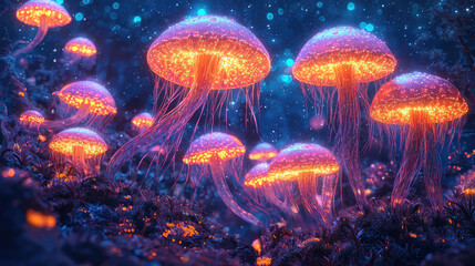 Glowing mushrooms in a mystical forest