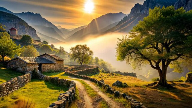 Serene mountain valley bathed in golden sunlight with rustic cottage and winding path