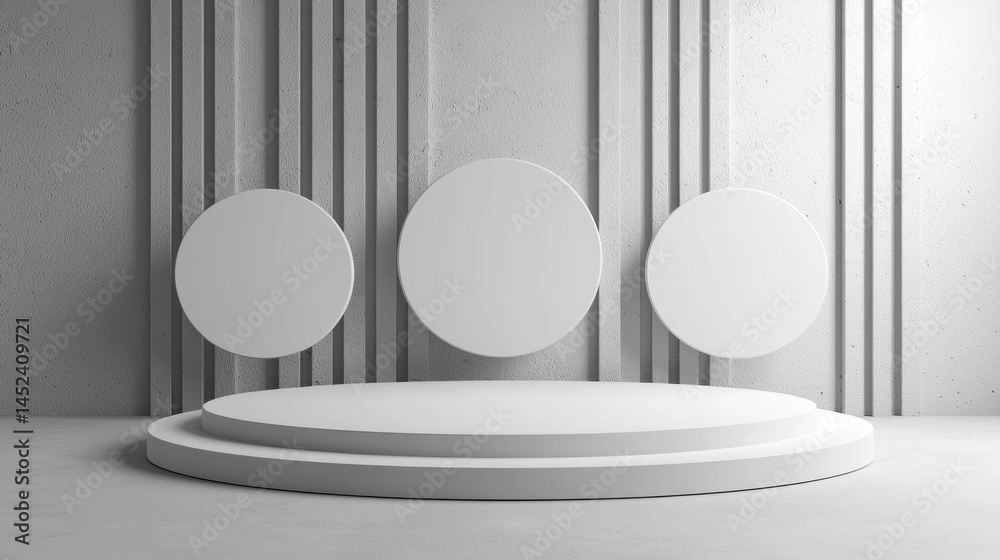 Aufkleber a minimalistic podium features three circular displays set against a textured gray wall, designed fo