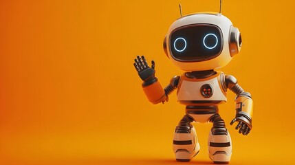 3D render of a cute, orange robot waving with glowing blue eyes on a solid orange background.