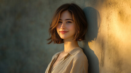  Portrait of a beautiful woman with brown hair wearing a beige shirt, with the sunset light illuminating her face, 