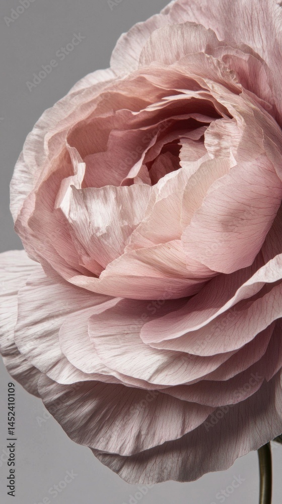 Poster a soft pink ranunculus flower reveals layered petals that showcase its graceful structure and subtle
