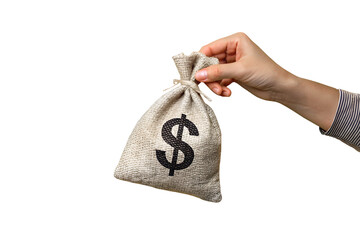 A close-up image of a hand holding a small burlap money bag with a black dollar sign ($) printed on it