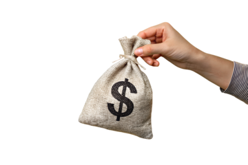 A close-up image of a hand holding a small burlap money bag with a black dollar sign ($) printed on it