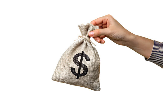A close-up image of a hand holding a small burlap money bag with a black dollar sign ($) printed on it