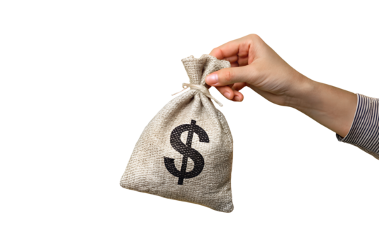 A close-up image of a hand holding a small burlap money bag with a black dollar sign ($) printed on it