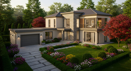 Fototapeta premium Luxury Contemporary Home With Beautifully Landscaped Garden and Trees