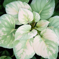 Obraz premium close-up of a cluster of variegated philodendron leaves showcasing their heart shape and creamy to light green