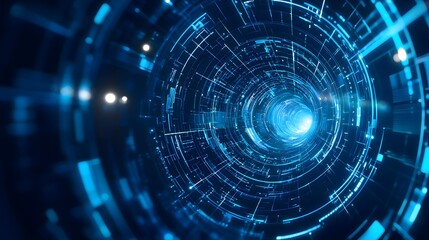 Obraz premium 3D render of a luminous, intricate blue tunnel filled with circuit-like patterns and bright light.