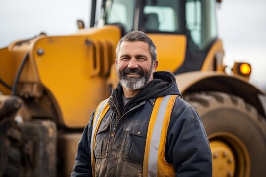 Smiling middle aged heavy machinery driver standing by a construction vehicle in a construction site