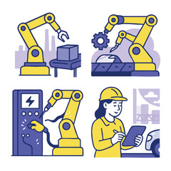Illustration of robotic arms various industrial settings, showcasing automation and technology