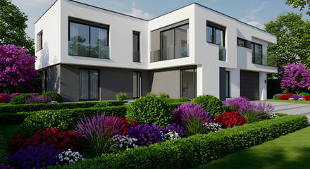 Fototapeta premium Modern Residence With Beautiful Landscaping And Clean Architectural Lines