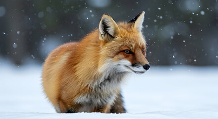 Elegant Red Fox Sitting in the Snow Amidst Gentle Snowfall