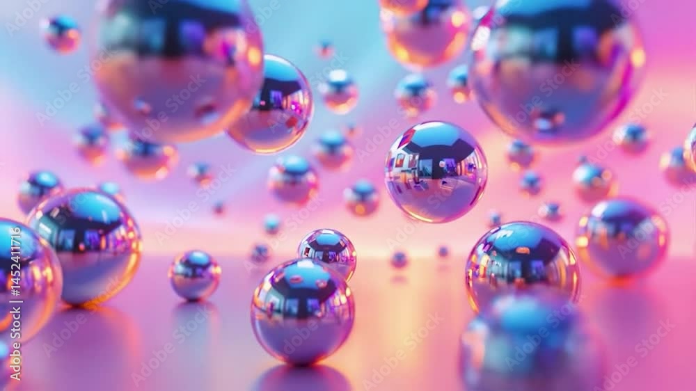 Poster intricate spheres reflect vibrant pink and blue hues, suspended mid-air. soft lighting enhances the 