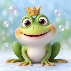 Smiling Green Cartoon Frog Wearing a Golden Crown Surrounded by Soap Bubbles