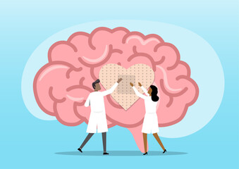 Two medical professionals applying a heart shaped adhesive bandage to a human brain