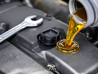pouring engine oil into a vehicle's engine with a wrench