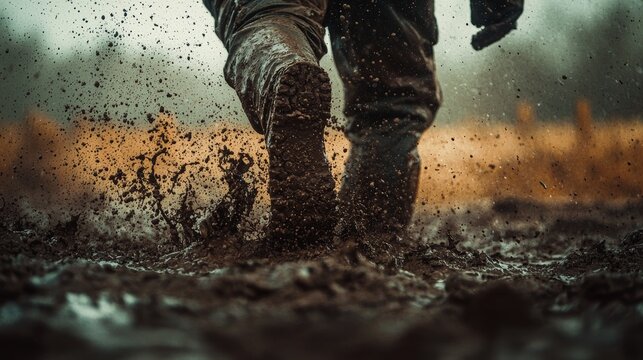 Person crawling through thick mud in storm symbolizing struggle perseverance and grit overcoming adversity harsh atmosphere gritty landscape