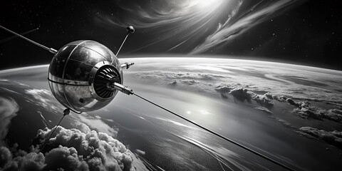 Fototapeta premium Vintage Sputnik Satellite Orbiting Earth: Nostalgic Black and White Surreal Photo
