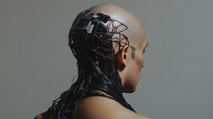 Realistic image of a man with neural interface nodes integrated into the back of his head 