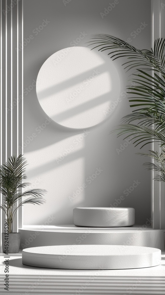 Poster Bright interior features a minimal podium setup with geometric shapes and greenery. Soft light filters through, highlighting elegant simplicity and modern design aesthetics