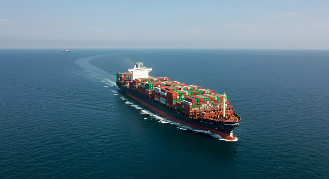 Large cargo ship navigating through calm ocean water during daylight