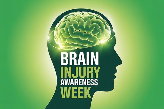 Brain Injury Awareness Week Glowing brain graphic highlights importance of brain health green background silhouette