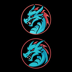 Twin Aggressive Stylized Blue Dragon Head Logos in Circles for Fantasy or Esport