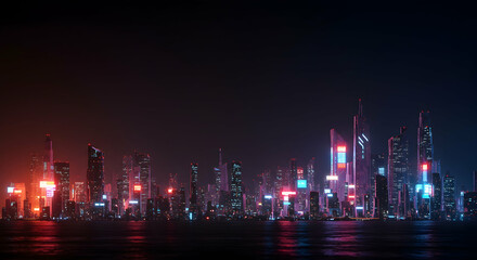 Obraz premium Nighttime Cityscape with Vibrant Lights and Skyscrapers Reflections