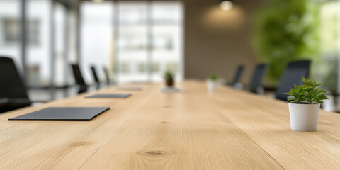 準備ができた会議室、木のテーブル。バナー背景用のワイド空間。Generative AI