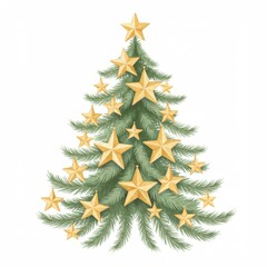 Fototapeta premium Green Christmas Tree Decorated with Gold Stars