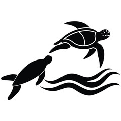 Sea Turtles Swimming in Ocean Waves Elegant Black and White Illustration