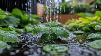 Close-up of vibrant green leaves with water droplets cascading in a serene garden setting