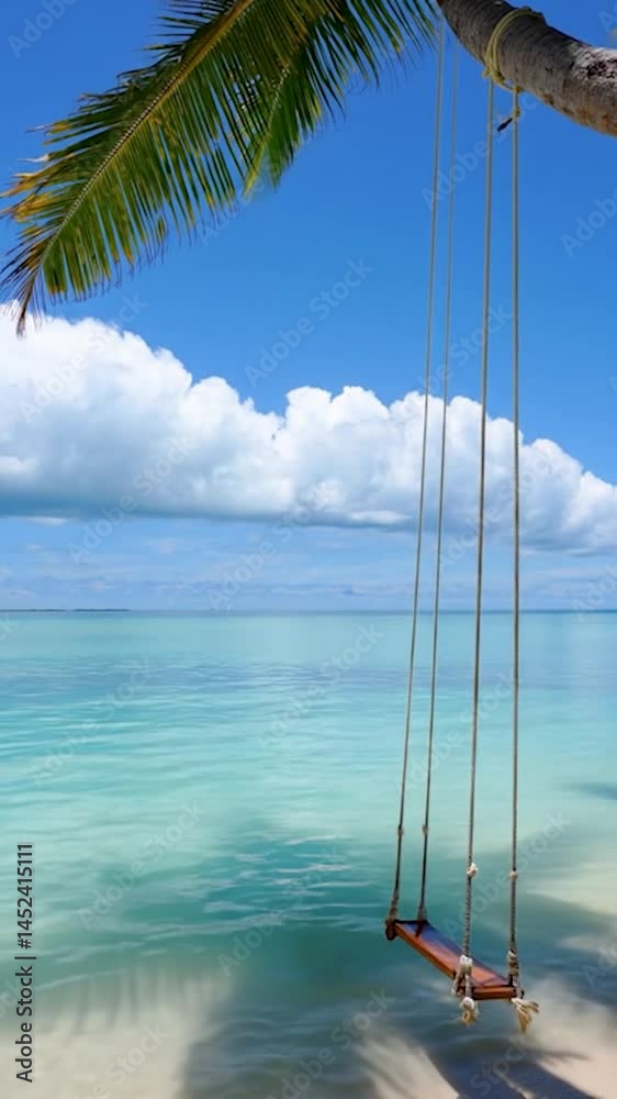 Poster a serene tropical setting featuring a rustic wooden swing, suspended from a lush palm tree. the ocea