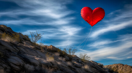 Red heart balloon floats above a desert landscape under a cloudy azure sky
