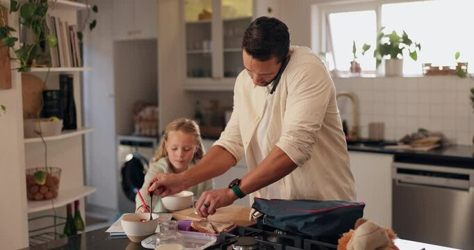 Family, child or dad packing lunch box in home with sandwich, phone call or bag for school. Remote work, father or girl kid with bread for food, snack or meal for nutrition, multitasking and care
