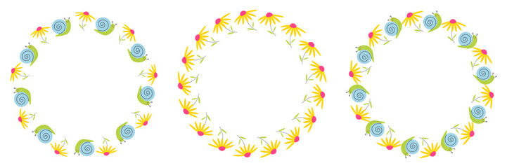 Vector summer frame with insects. Colorful frames with snail, flower, ladybug, caterpillar. Clean, bright design. Isolated.

