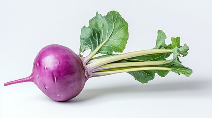 A single purple kohlrabi with leaves, rich violet color, smooth skin with slight dew, placed slightly off-