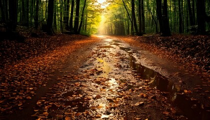 Un camino forestal de tierra empapada y cubierto de hojas y charcos. La tierra parece respirar y brillar, casi como un viaje psicod&eacute;lico apenas perceptible.