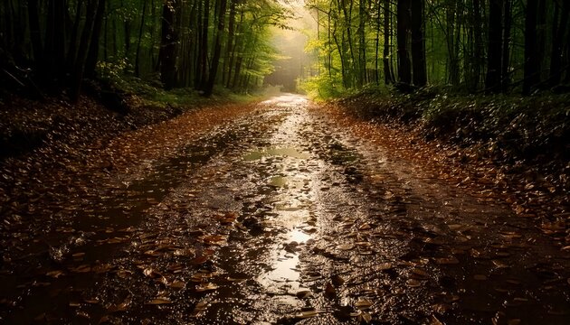Un camino forestal de tierra empapada y cubierto de hojas y charcos. La tierra parece respirar y brillar, casi como un viaje psicod&eacute;lico apenas perceptible.