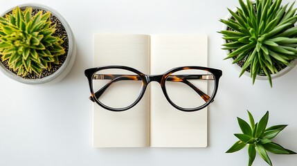 Eyeglasses on notepad with succulents