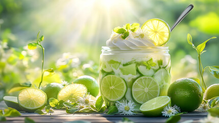 Refreshing lime dessert in a glass jar surrounded by verdant foliage